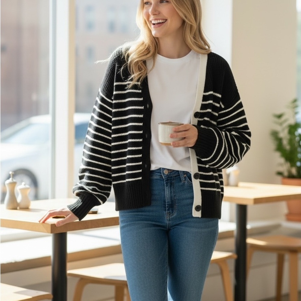Aaron and Amber Thick Black and White Striped Cardigan Women’s Small NWT - Picture 3 of 5